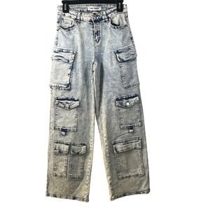 Girl Index Light Wash‎ High Waist Utility Wide Leg Denim Jeans 7 Grunge Punk Emo